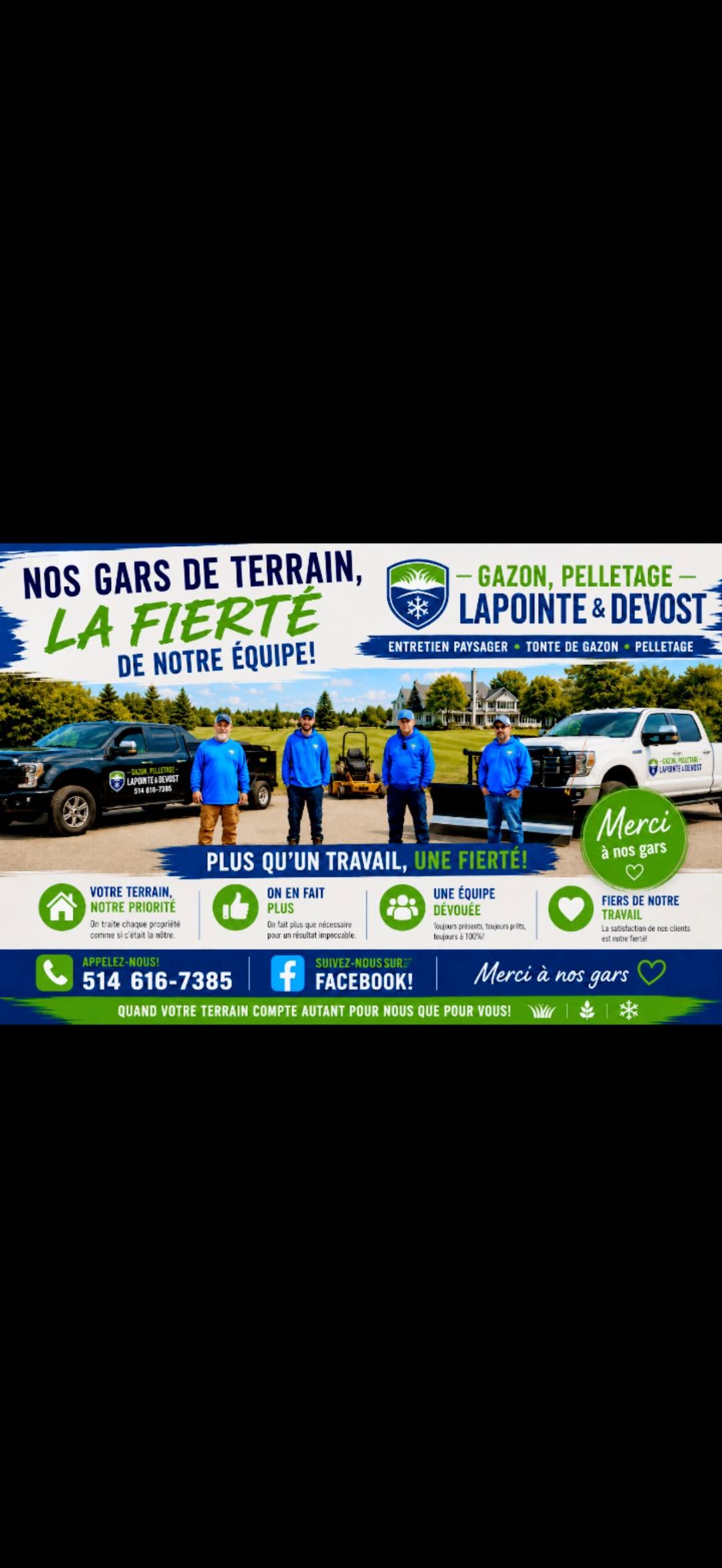L'&eacute;quipe de Gazon & Pelletage Lapointe & Devost avec ses v&eacute;hicules et son &eacute;quipement